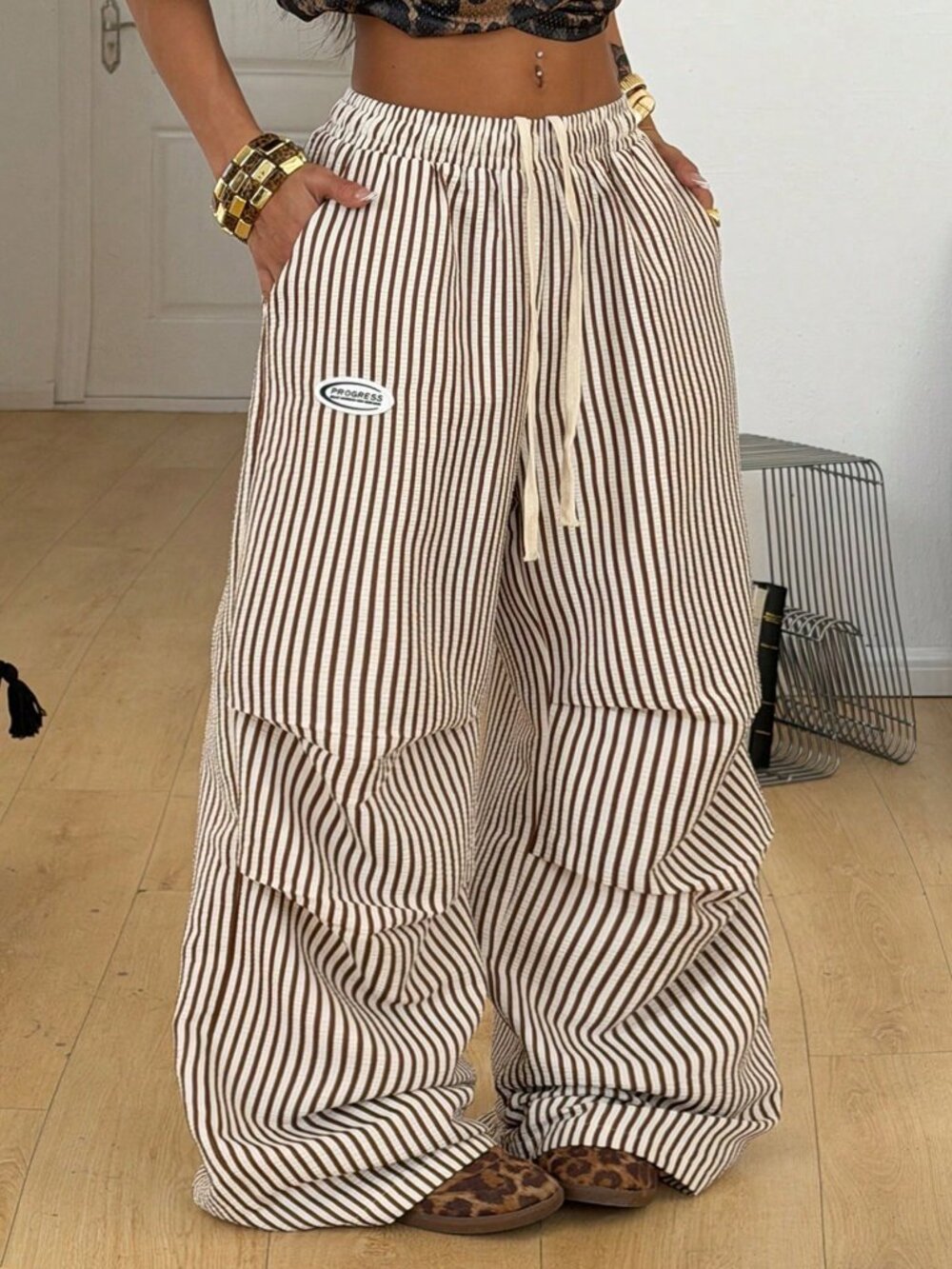 Khaki Casual Women's Streetwear Striped Wide Leg Sweatpants